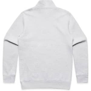 A grey half zip crew jumper, featuring long sleeves and a high collar, with a logo on the back.