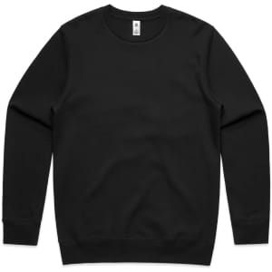 A black hoodie featuring a round neckline and long sleeves, with a logo on the label.
