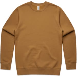 A brown jumper with a standard crew neck and long sleeves. It features a logo on the label.