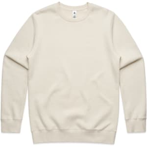 A cream-coloured jumper with a classic crew neck and long sleeves. It features a subtle logo on the label.