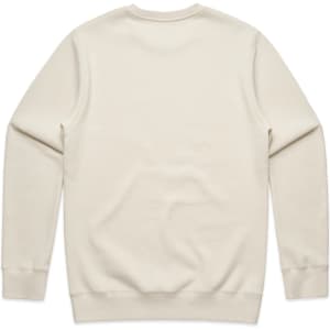A cream-coloured sweater with long sleeves and a plain back. It features a logo on the garment.