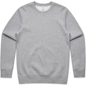 A grey jumper with long sleeves and a round neckline. It features a small logo on the front.