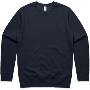 A navy blue sweater featuring long sleeves and a round neckline, with a logo on the label.