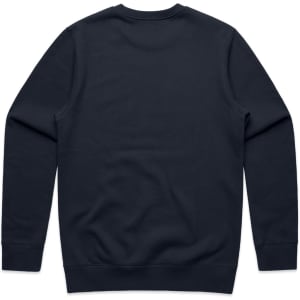 A navy jumper with a crew neck and long sleeves, featuring a plain back side and ribbed cuffs.