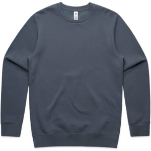 A dark teal sweater with long sleeves and a round neck, featuring a logo.