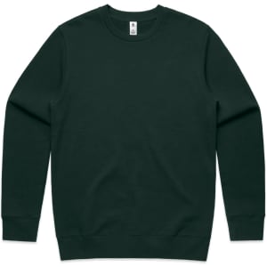 A dark green crew jumper featuring a simple design and long sleeves, with a branding logo on the neckline.