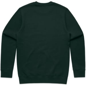 A dark green sweater with a plain back and fitted cuffs. It features a logo on the interior.