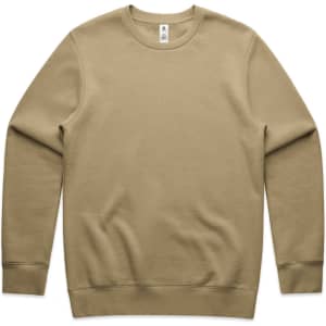 A beige jumper with long sleeves and a crew neckline, featuring a logo on the front.