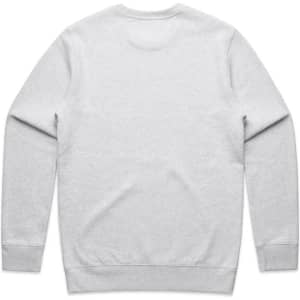 A grey sweater with long sleeves and a crew neck, featuring a logo on the back.