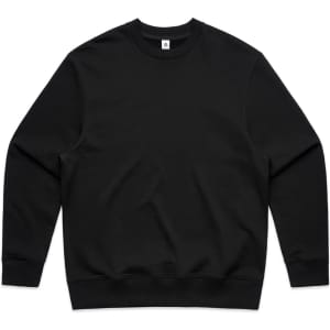A black jumper with a round neck and long sleeves, featuring a logo on the front.
