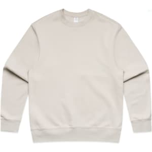 A light beige crew jumper with long sleeves and a round neckline. It features a logo on the front.