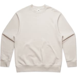 A beige jumper with a rounded neckline and long sleeves, featuring a logo on the inner label.