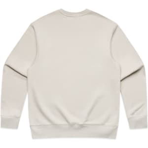 A light beige jumper with a plain back design and ribbed cuffs and hem. It features a logo on the neckline.