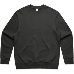 A dark grey crew jumper featuring a round neckline and long sleeves. It has a small logo on the label.