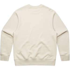 A cream-coloured jumper featuring a plain back. The design includes a ribbed hem and cuffs, alongside a branding logo.
