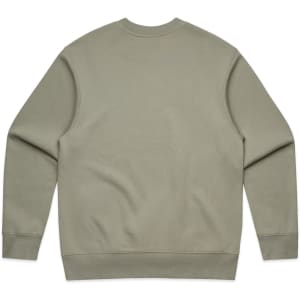 A sage green jumper with a crew neck and long sleeves, featuring a plain back design and a small logo.