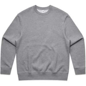 A grey sweatshirt with long sleeves and a crew neck, featuring a subtle branding logo.