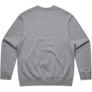 A grey jumper with long sleeves and a round neckline, featuring ribbed cuffs and hem. It has a logo on the back.