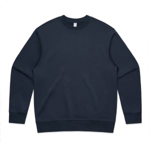 A navy blue sweatshirt with a classic crew neck and ribbed cuffs, featuring a logo on the tag.