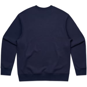 A navy blue jumper featuring long sleeves and a crew neck, with a plain back and a logo.