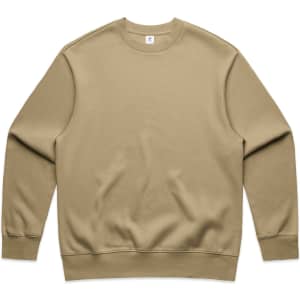 A beige jumper with a crew neck and long sleeves. It features a branding logo on the label.