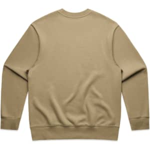 A beige sweater with a crew neck and long sleeves, featuring a plain back design.