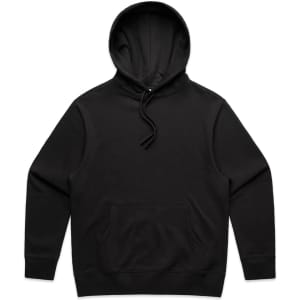 A black hoodie featuring a front pocket and a drawstring hood, with a logo present.