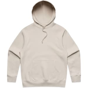 A beige hoodie with a front pocket and a drawstring hood, featuring a logo on the chest area.