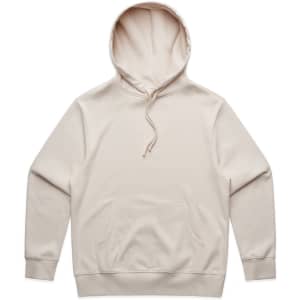 A beige hoodie featuring a front pocket and a drawstring hood. The garment has a branding logo.
