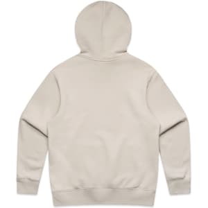 A beige hoodie with a hood, featuring a logo on the back and a relaxed fit.