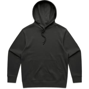 A black hoodie with a spacious front pocket and a drawstring hood. It features a logo on the front.