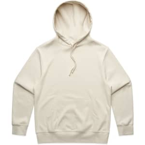 A cream hoodie with a front pocket and drawstring hood. It has a logo on the chest area.
