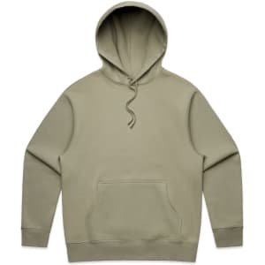 A heavy olive green hoodie with a front pocket and an adjustable drawstring hood. It features a logo on it.