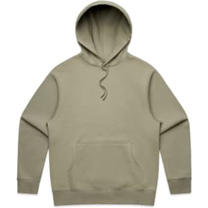 An olive green hoodie featuring a front pocket and a drawstring hood. It has a logo on it.