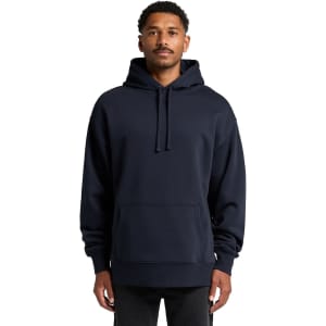 A navy blue hoodie with a front pocket and a drawstring hood, featuring a small logo.