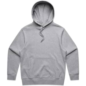 A grey hoodie featuring a front pocket and a drawstring hood, with a logo on the front.