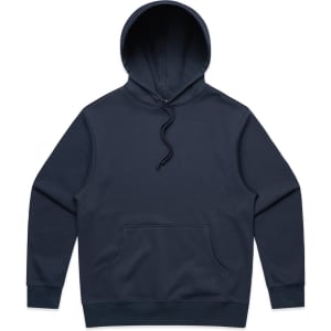 A navy blue hoodie with a front pocket and an adjustable hood. The hoodie has a logo on it.