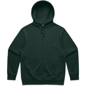 A dark green hoodie featuring a front pocket and a drawstring hood, with a logo present.