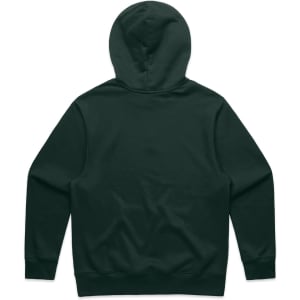 A dark green hoodie featuring a spacious hood and an unembellished back design.