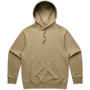 A beige hoodie with a front pocket and adjustable drawstring hood. The garment features a logo.