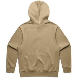 A beige hoodie featuring a hood and a simple design on the back, with a logo present.