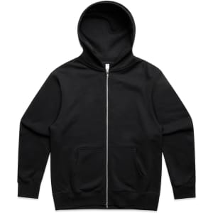 A black zip-up hoodie featuring a hood and front pockets, with a small logo on the chest.
