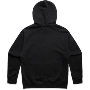 A black hoodie with a hood and long sleeves, featuring a plain back design and a logo.