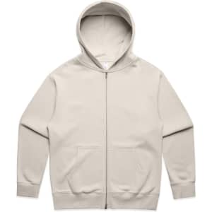 A beige zip-up hoodie featuring a front pocket and a hood, with a logo on the chest area.