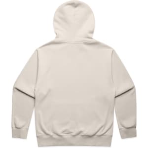 A light beige hoodie featuring a hood, long sleeves, and a plain back. It includes a logo.