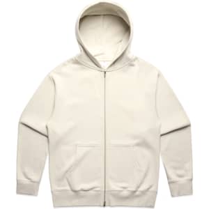 A cream-coloured zip-up hoodie with a hood and front pockets, featuring a logo.