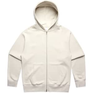 A light cream heavy zip hoodie with a front pocket and a hood, featuring a logo on the chest area.