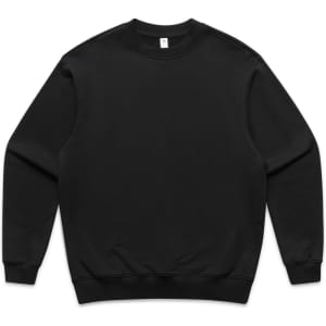 A black sweater featuring a crew neck and long sleeves, with a simple design and a brand logo.