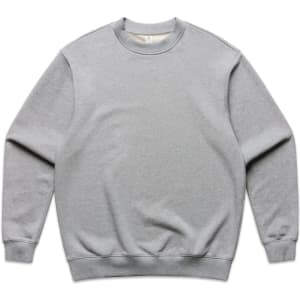 A grey jumper with a crew neckline and long sleeves, featuring a simple design and branding.