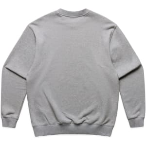 A grey jumper with a round neck and long sleeves, featuring a brand logo on the back.
